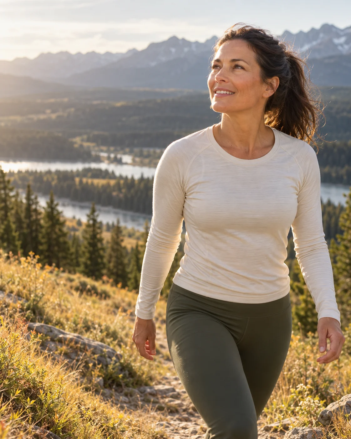 Illustrative lifestyle scene: a woman enjoying a morning walk in the foothills